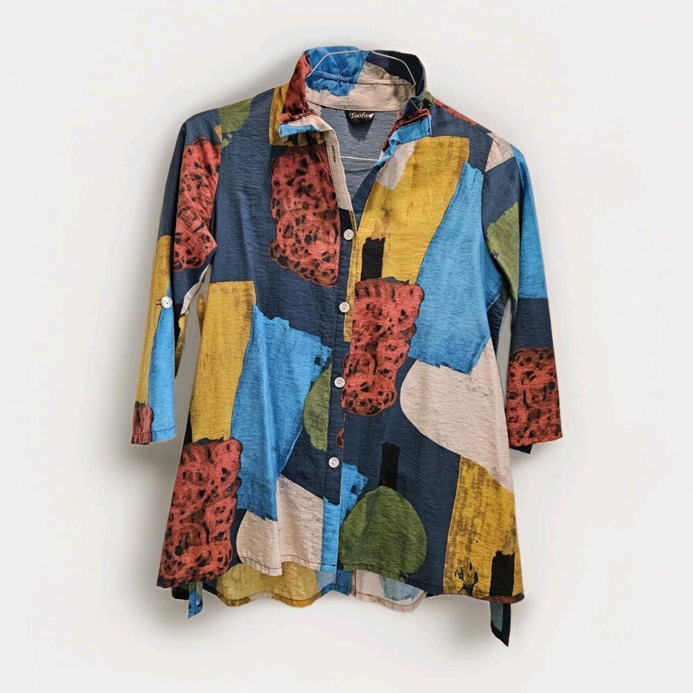 Toofan Womens Abstract Print Cotton Tunic Shirt S Art Top Wire Collar Colorful